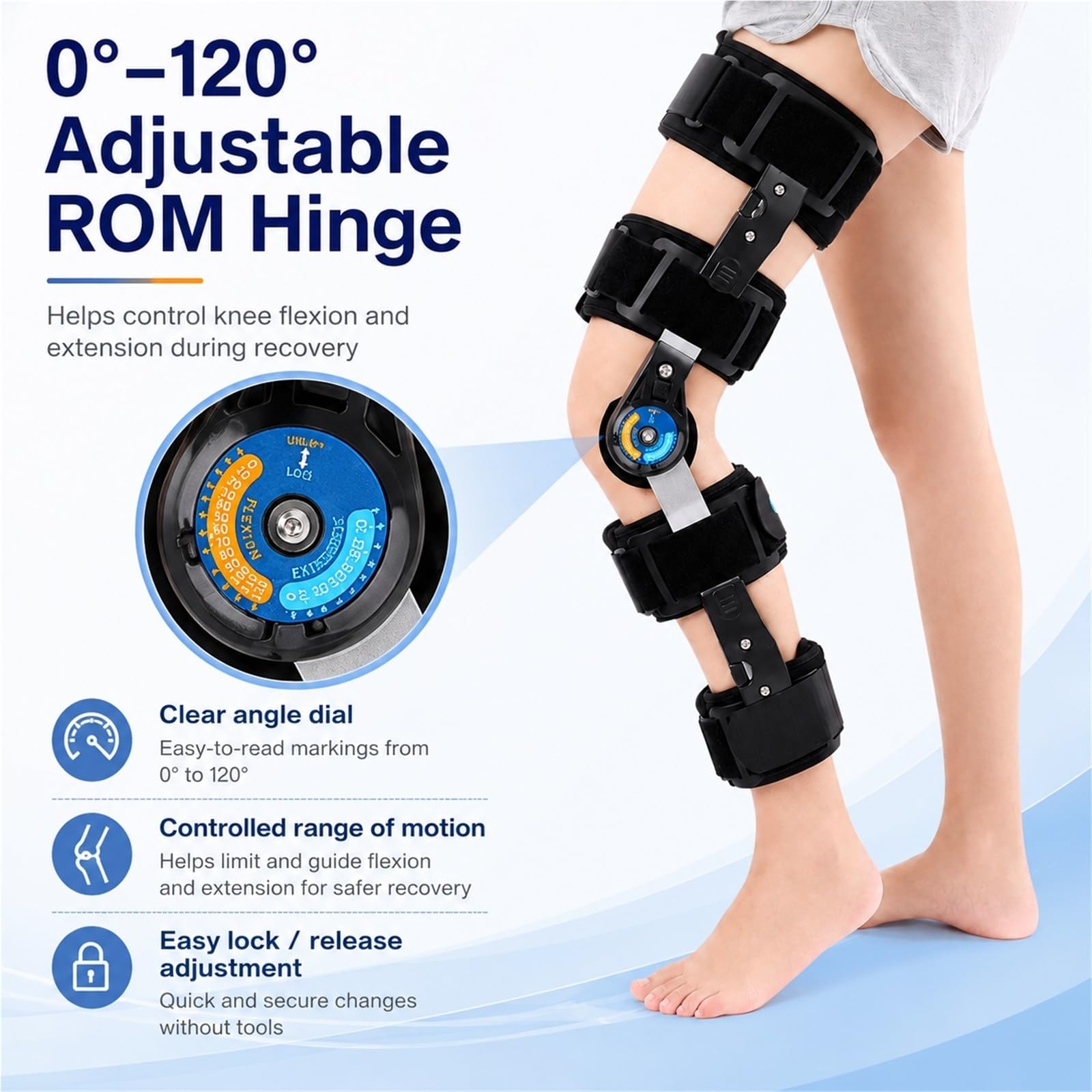 Rodillera ROM con Estabilizadores Laterales y Bisagras Ajustables para Recuperación Postoperatoria de Menisco y Ligamentos Cruzados ACL MCL PCL Soporte de Rodilla