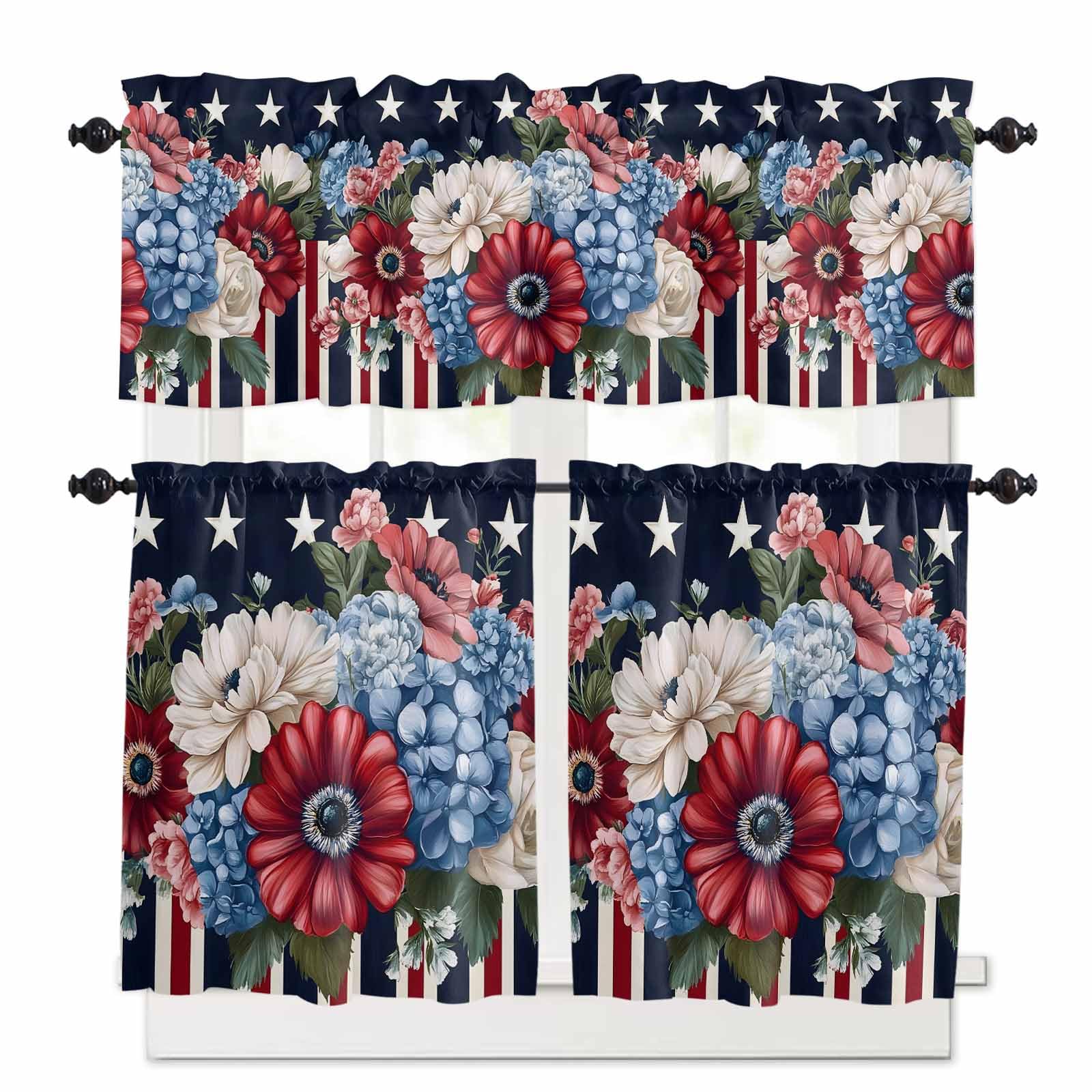 Spring Flowers Kitchen Curtains 36 Inch Length, 3 Piece Rod Pocket Small Half Tiers and Valance Set, White Star Black Red Striped Art Small Large Window Treatment Decor for Bedroom/Bathroom Sink