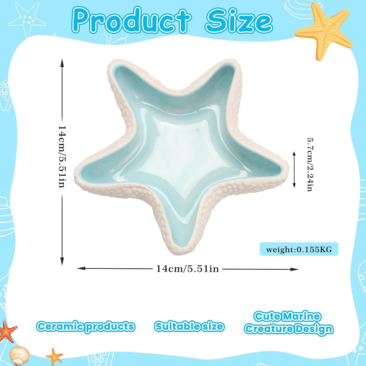 Jewelry Dish Tray For Coastal Beach Room Decor,Cute Ceramic Ring Holder Gift For Women Sister Mom Friend ,Decorative Trinket Jewelry Organizer Tray For Rings Earrings Necklaces ets (Blue starfish) - Image 3