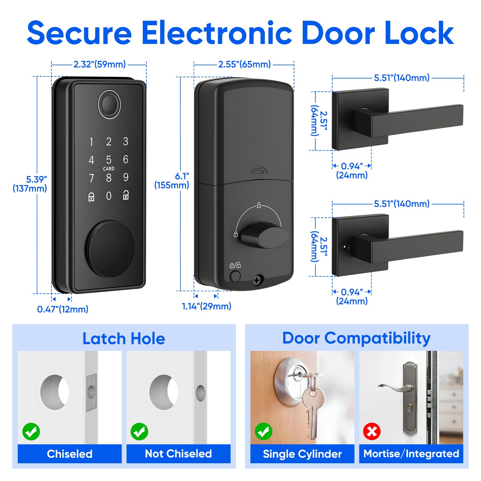 MYPIN Smart Türschloss mit 2 Hebelgriffe, Fingerabdruck, schlüsselloses Deadbolt Schloss, Touchscreen-Tastatur, App-Steuerung, kompatibel mit Apple Watch, automatische Links-/Rechts-Erkennung, Schwarz