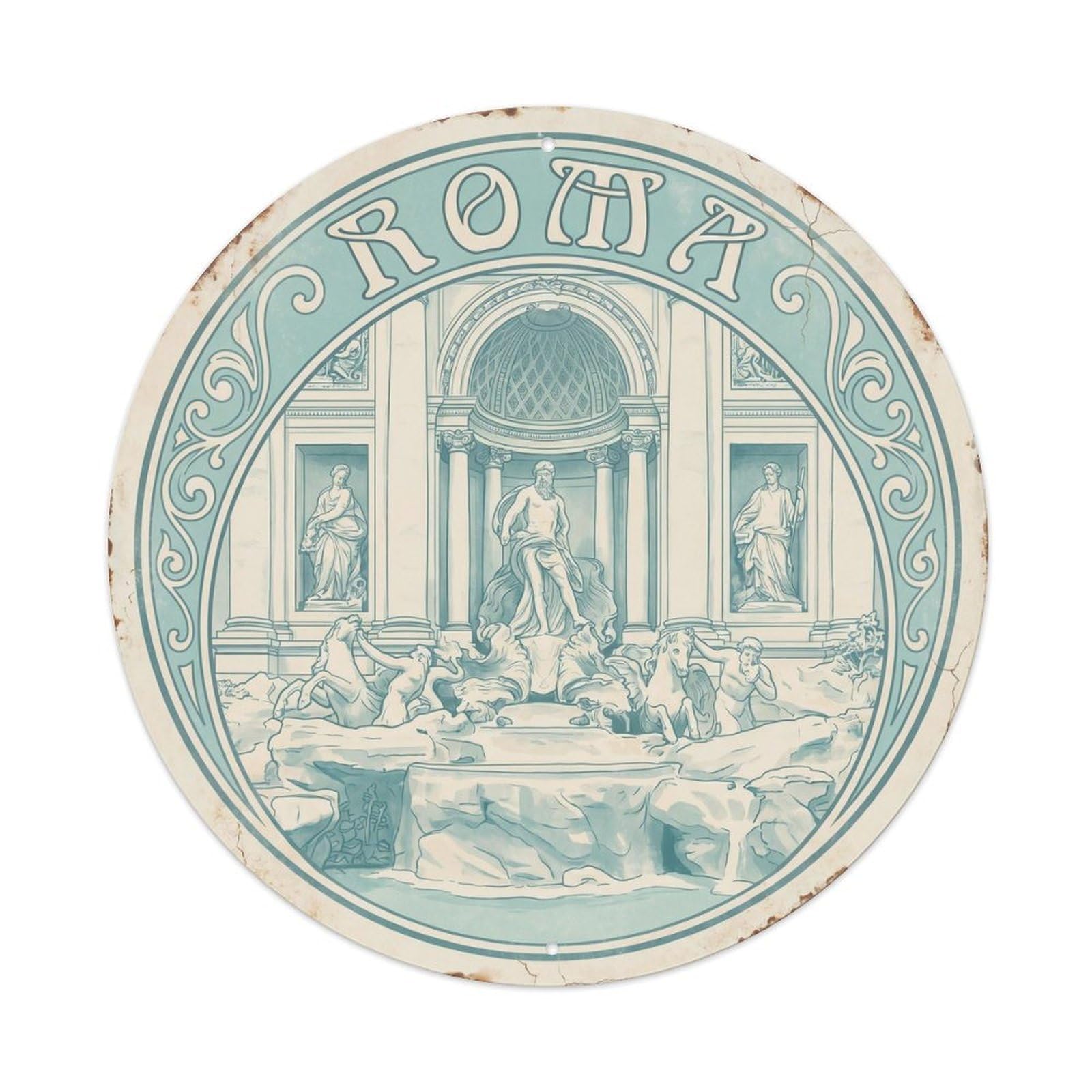 Vintage Travel Rome Trevi Fountain 2 Metal Tin Sign Plaque Wall Decor for Cafe, Club Bar, Office, Home Garden Round Metal Poster 8x8Inch