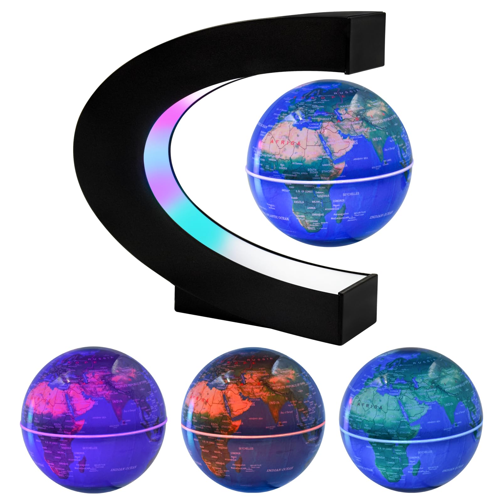 Globo luminoso galleggiante con luci LED a 7 colori, globo rotante automatico a forma di C, mappa del mondo a levitazione del campo magnetico, mappa del mondo, gravità, educativo, decorazione