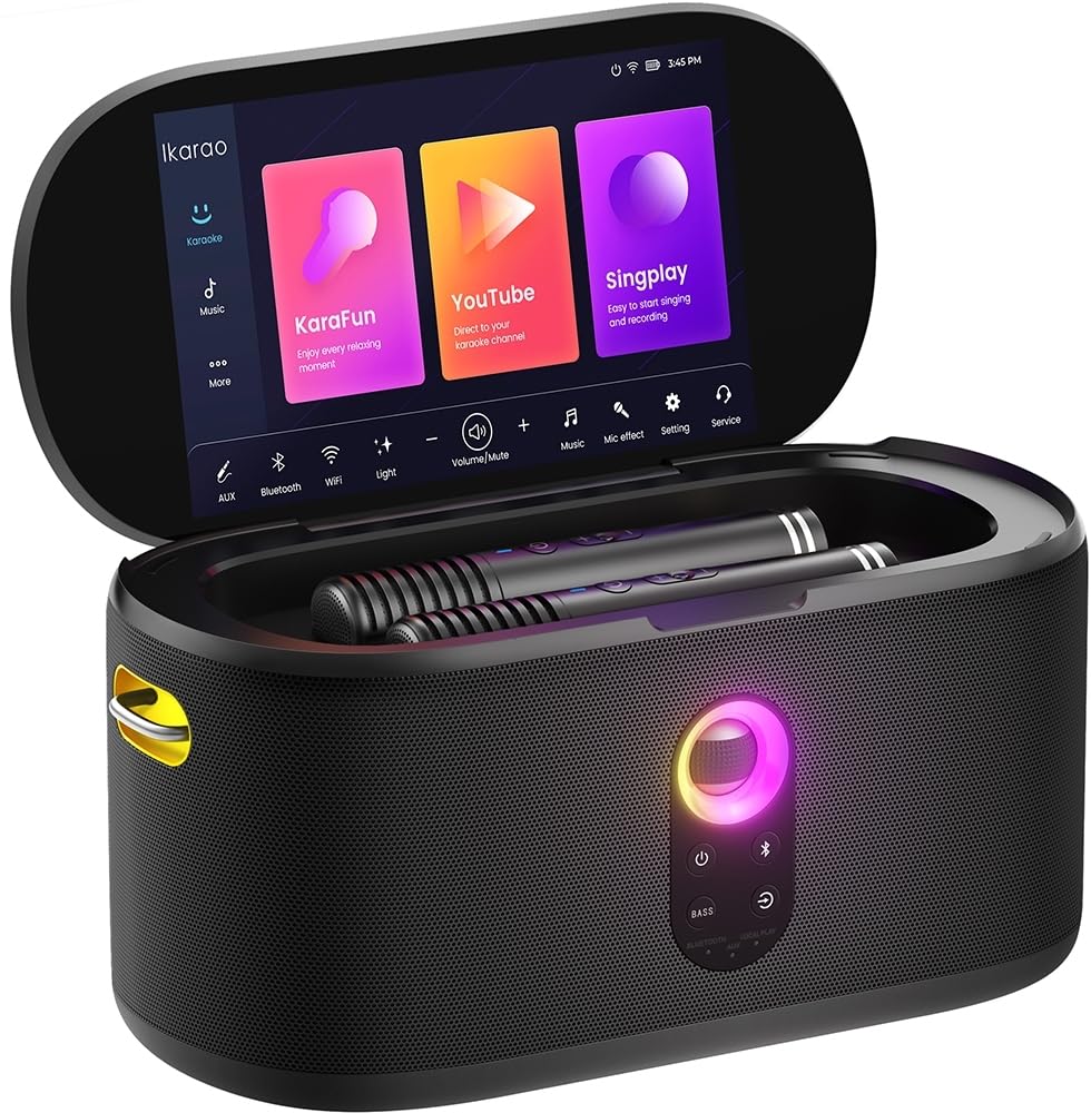 Ikarao Shell S1 Professioneller Karaoke-Lautsprecher mit 10,1 Zoll Touchscreen, 2 wiederaufladbare kabellose Mikrofone, kraftvoller Sound 280W, KaraFun Prime und tragbar für Partys
