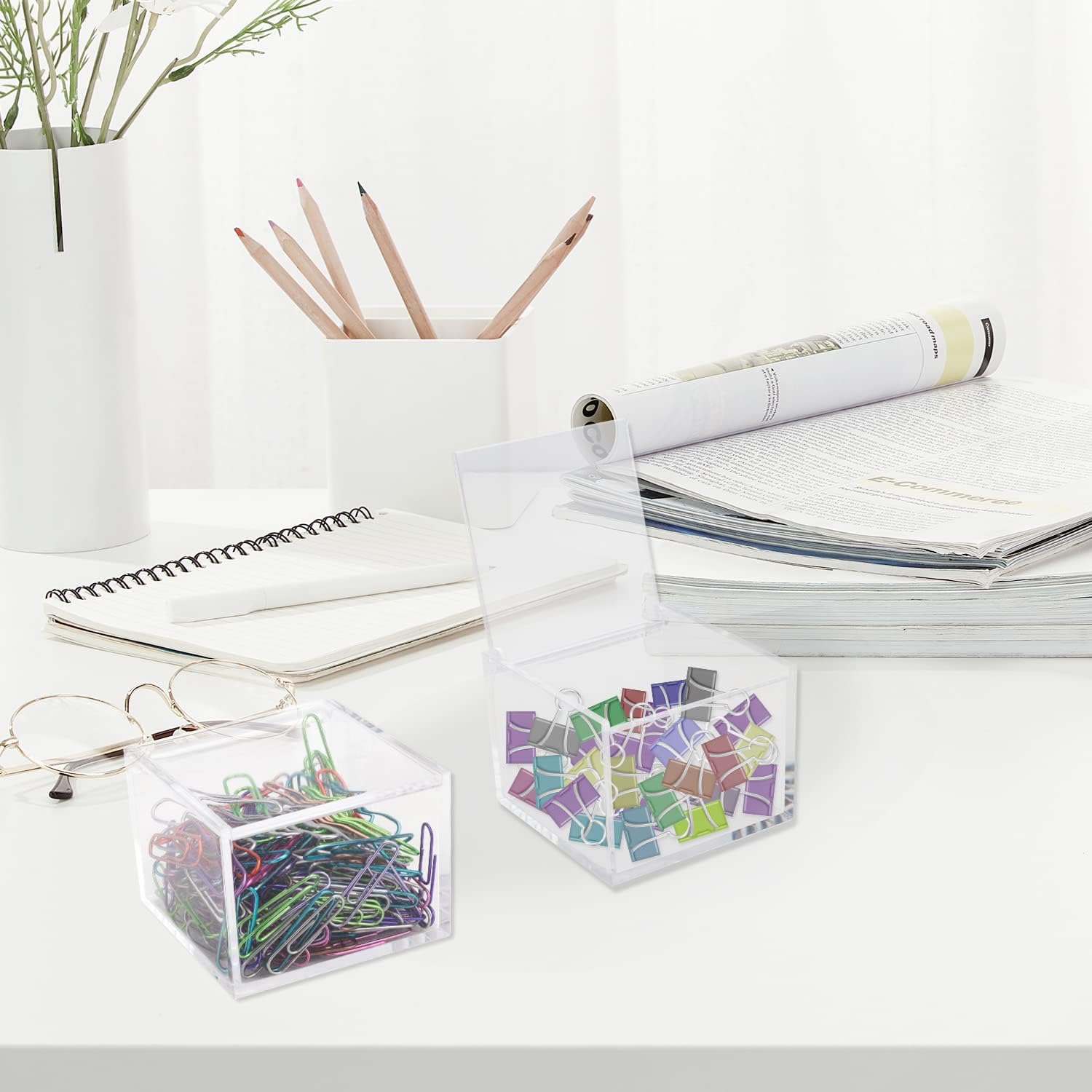 Deoot 2 Pack Paper Clip Holder Clear Acrylic with Lid Cute Paper Clip Organizer Dispenser for Desk Organizers Aesthetic Hair Accessories Organizer : Office Products