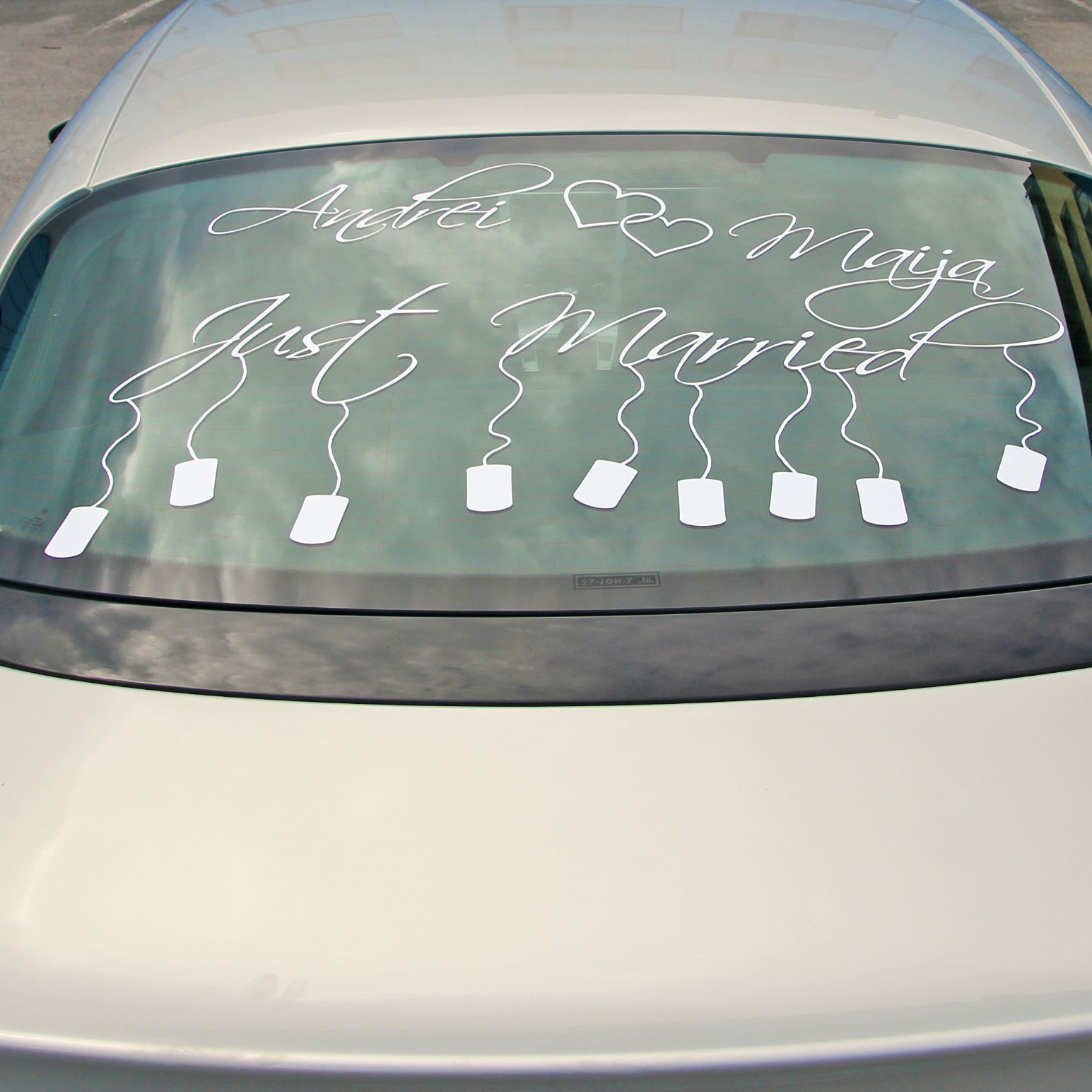Slaf Ltd. (100 x 71 cm) diseño personalizado de vinilo adhesivo para coche/recién casados con nombres y latas wallkraft/ventana trasera dodoskinz al azar sin espejo + etiqueta de regalo!