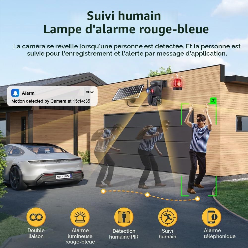 SHIWOJIA Camera 4G Solaire Exterieur, Caméra 4G Double Objectif Zoom Hybride 50X, 6MP avec Vision Nocturne en Couleur, Détection Humaine PIR, Fente SD, Métal, IP66