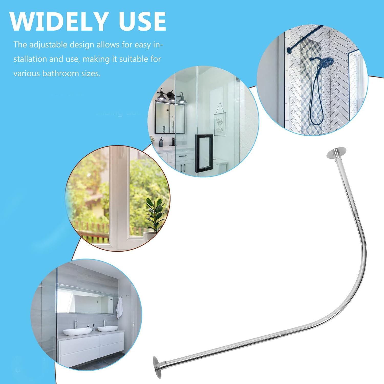 Curved L-shaped Shower Curtain Rod Adjustable Stainless Steel Tension Rod for Bathroom Shower and Window Curtains No Drill Installation Rust-resistant Design