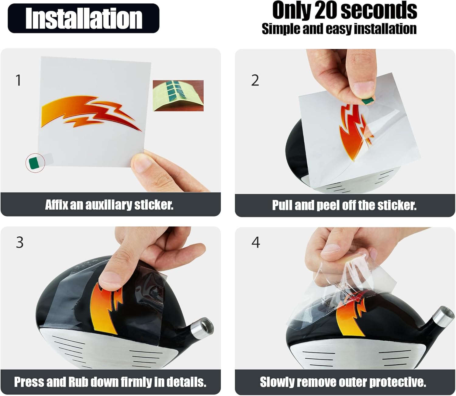 Four-step visual guide for applying UV DTF decals to a golf club head