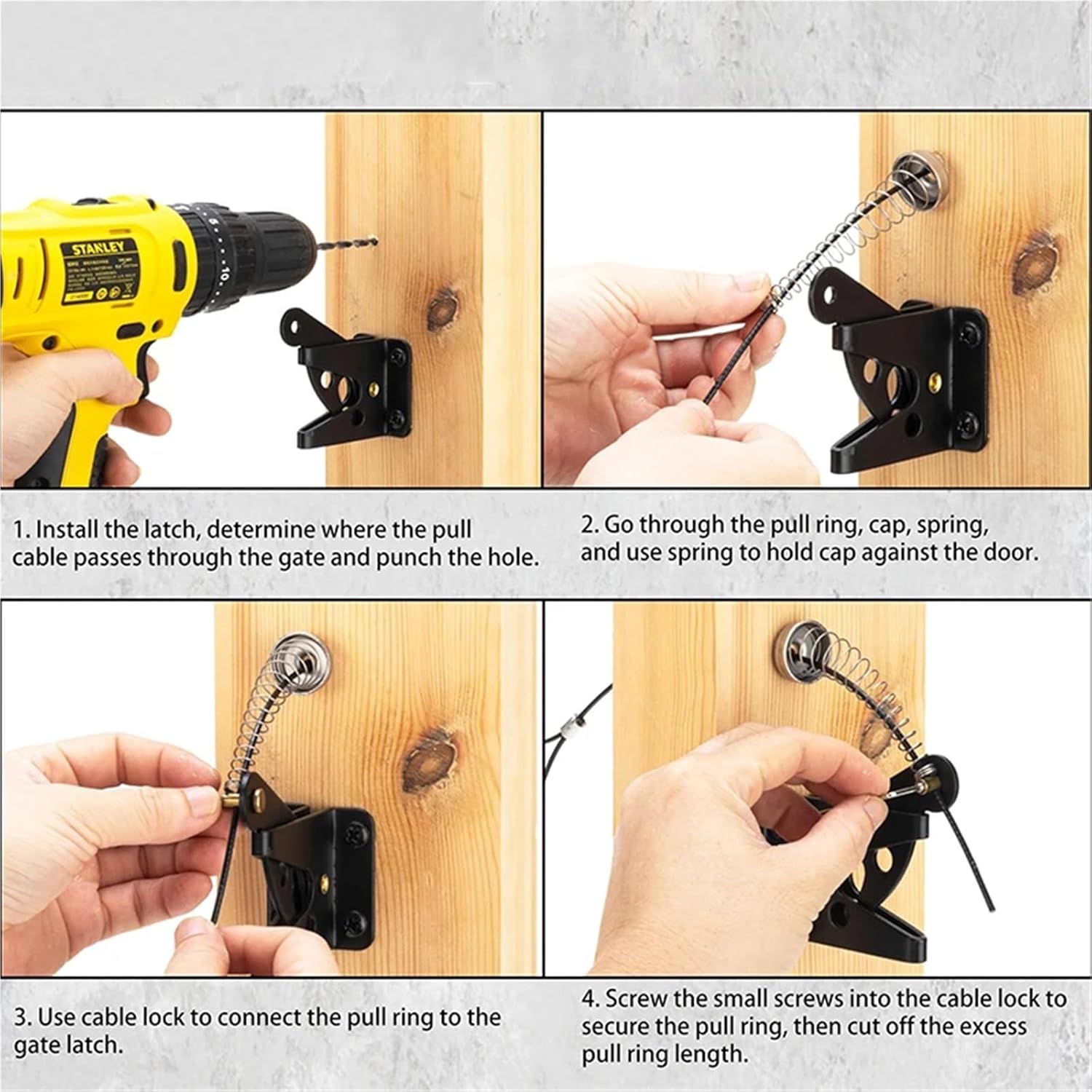 Gate Latch Cable Pull 2pcs Self-Locking Gate Lock with Spring Mechanism - Heavy Duty Post Mount Lever for Wooden Fences for Wooden Fence