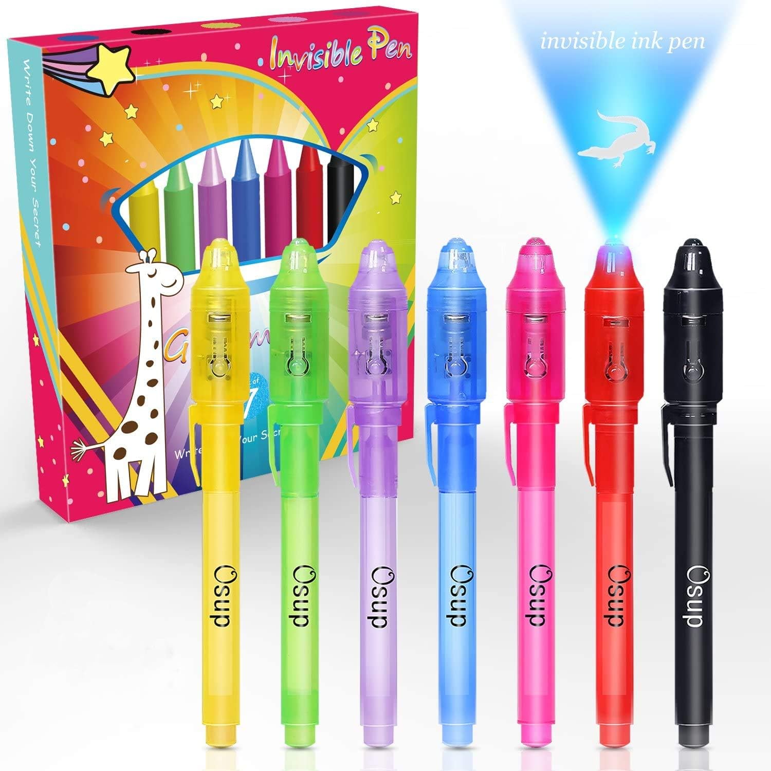 [7 Pack] Osup Invisible Disappearing Ink Pen Marker Secret Spy Message Writer with UV Light Fun Activity for Kids Party Favors Ideas Gifts and Stock Stuffers