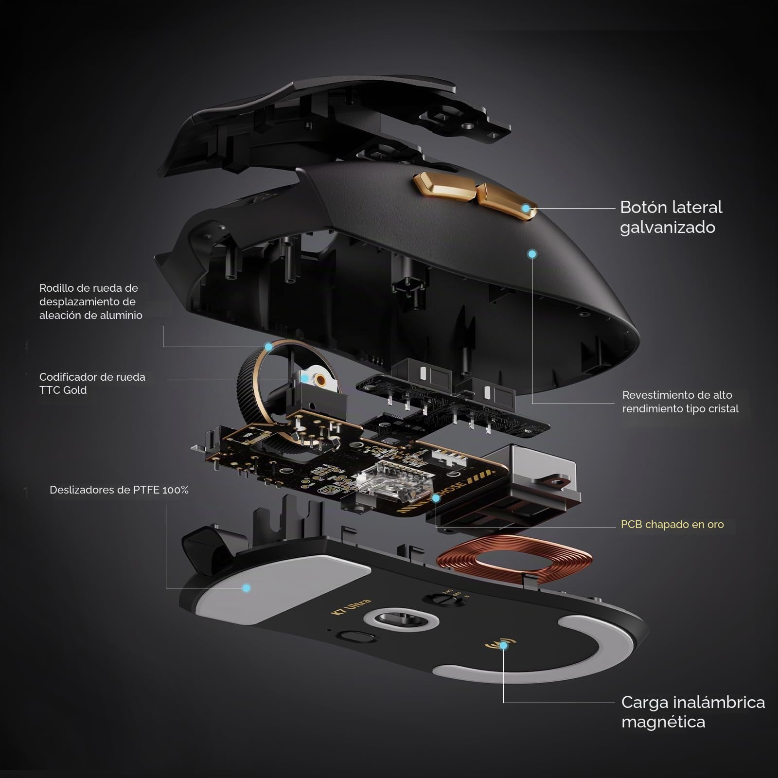 MCHOSE K7 - Ratón inalámbrico para juegos, estación de carga magnética RGB | 42000DPI, Sensor PAW3950, Dual 8K Polling, Ligero 59g, Inalámbrico BT/2.4G/Cableado, Batería 500mAh, PC/Mac, Negro-Oro
