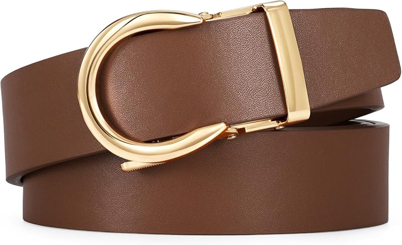 Womens Leather Ratchet Belt for Jeans Dress Pants with Adjustable Automatic Gold Sliding Buckle 1.2" Width