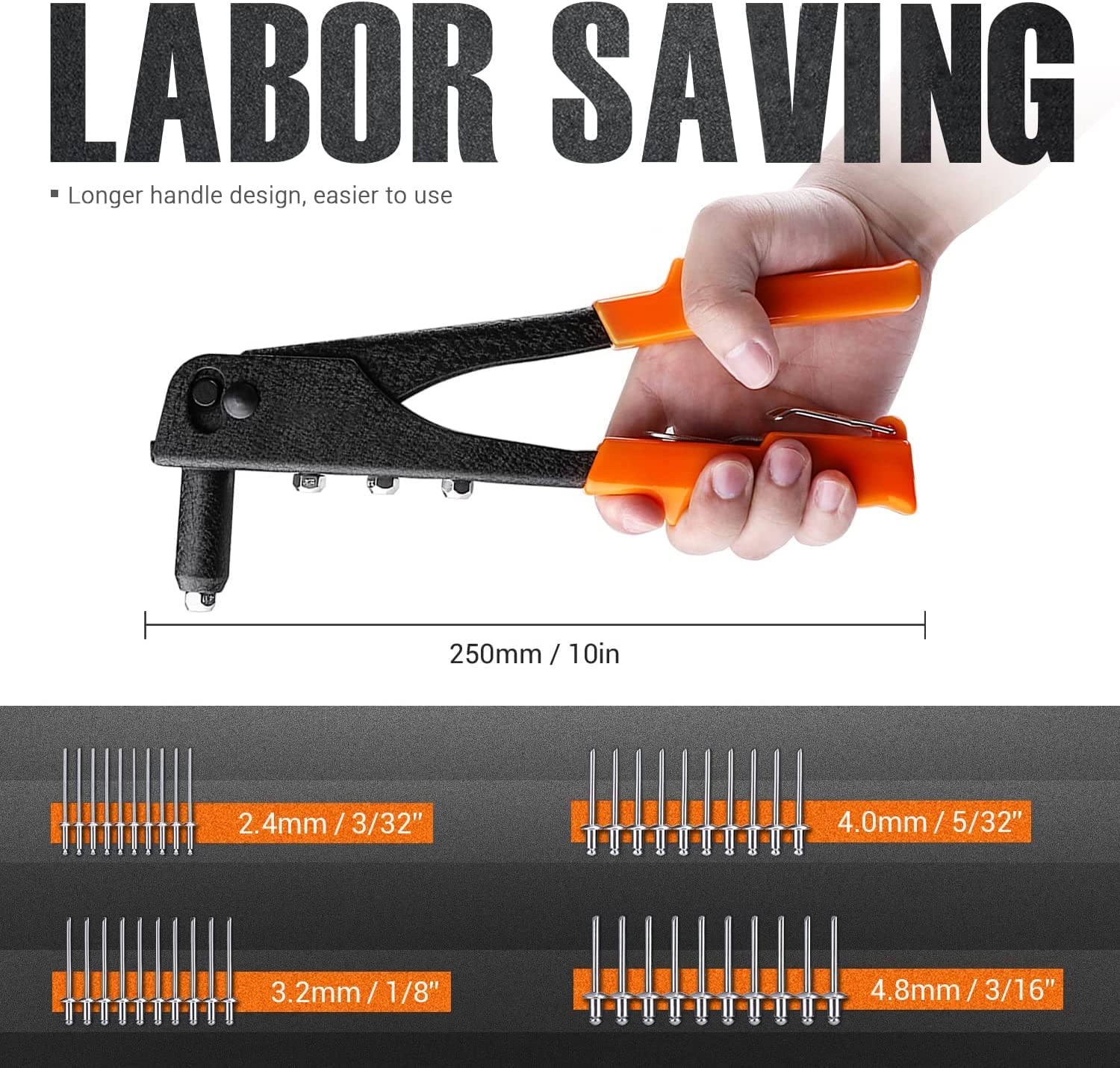 NEXTACK Rivettatrice Manuale Da 33 Pollici Con 350 Rivetti Assortiti, Capacità 1/4", Strumento Rivettatrice Manuale Resistente Con Contenitore Rimovibile E 5 Naselli Per Metallo, Grondaie E Automobili - Foto 4