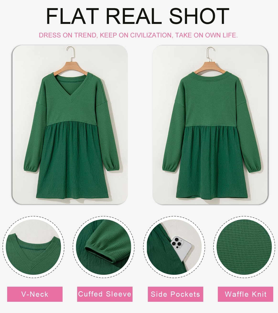 Dokotoo Womens Fall Dresses 2025 Casual V-Neck Long Sleeve Empire Waist Waffle Knit Mini Dress with Pockets - Image 6