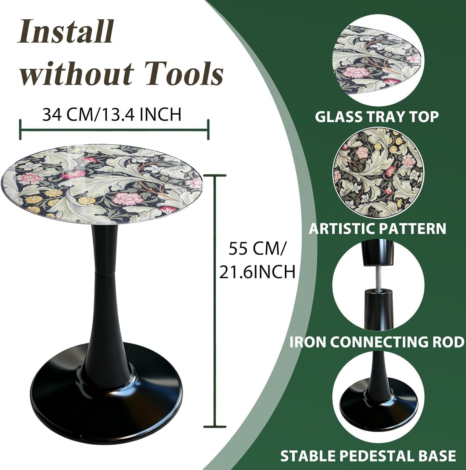 Simmer Stone 13.4" Outdoor Side Table, Round Patio Bistro Table Printed Tempered Glass Top, Waterproof Rust-Proof Base, Small Plant Stand for Balcony, Garden, Deck, 21.6" H (Morris Green)