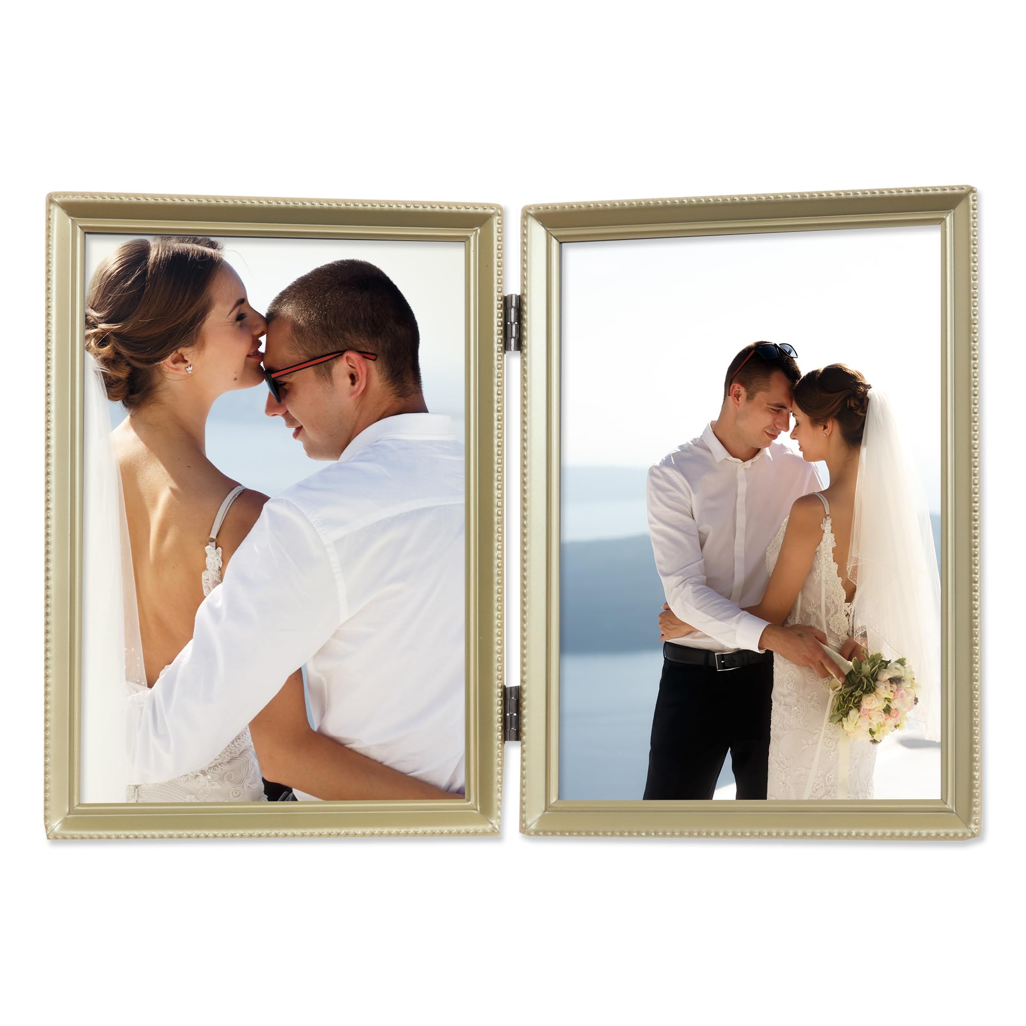 Lawrence Frames Antique Brass 5x7 Hinged Double Picture Frame - Bead Border Design, Satin Gold