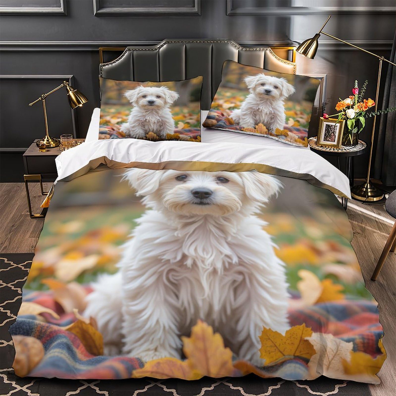 Drap de couette chiot blanc 3D microfine premium parure de lit 135x200cm animaux de compagnie