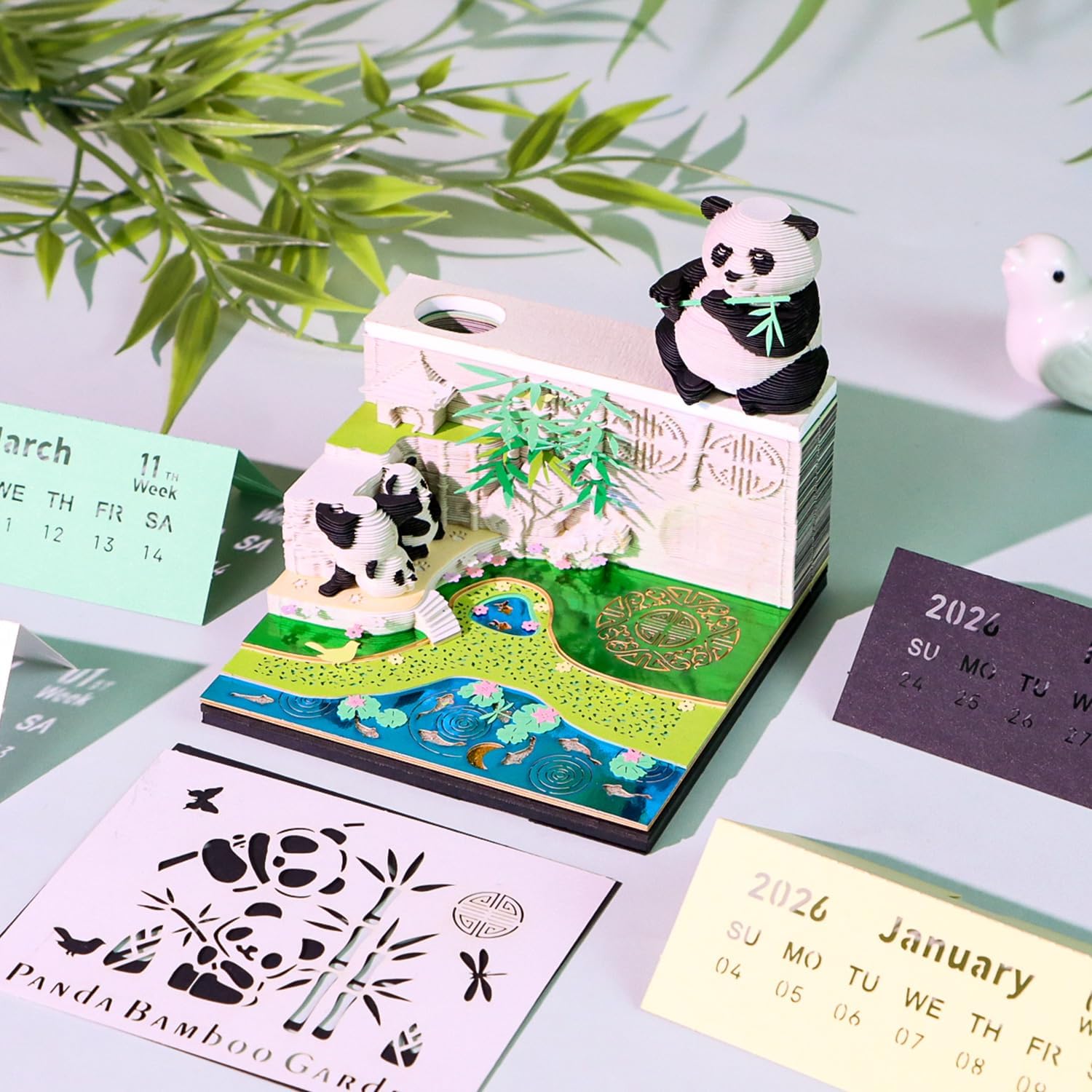 SIWEME 3D Calendar 2026 Paper Art Memo Pad,Tear-Away 3D Desk Time Piece Calendar DIY Note for Record, Bookmark, Gift & Office Decor (Panda Bamboo Garden)
