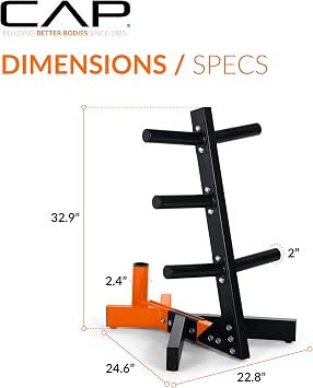Cap Olympic Plate Tree Storage Rack for Weights & Barbells, Heavy-Duty Steel Weight Plate Organizer for 2-Inch Olympic Plates, Space-Saving Storage Rack, 300lb Capacity, Multiple Colors