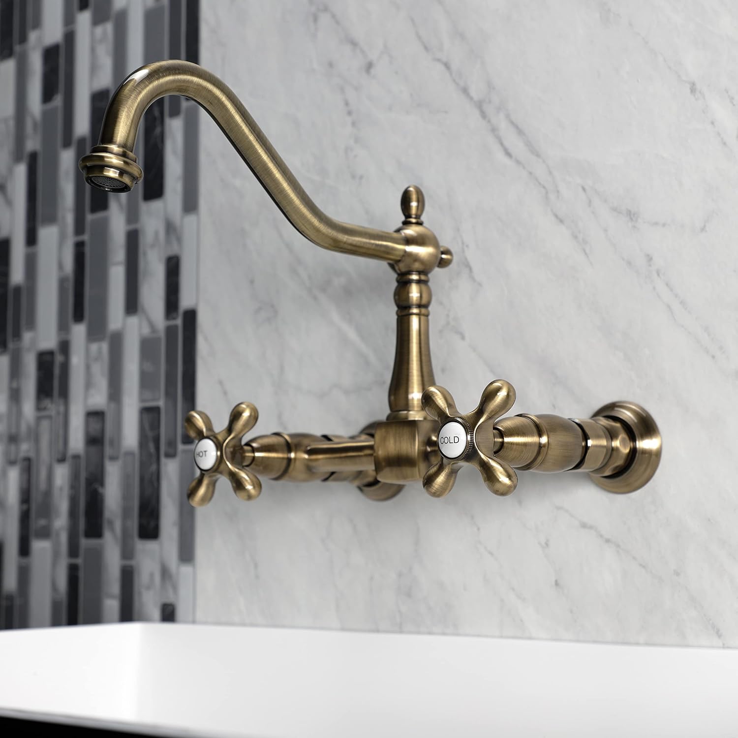 Kingston Brass Heritage 8-Inch Centerset Wall Mount Kitchen Faucet, Antique Brass