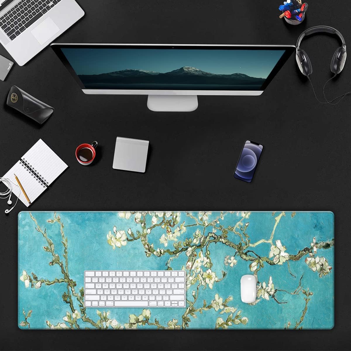 DOOKE Desk Pad Protector,Large Gaming Mouse Pad,Office Desk Mat,Non-Slip Rubber Base Desk Blotter,Laptop Desk Pad,Waterproof Writing Pad for Office and Home,31.2" x 11.8",Almond Blossom Floral