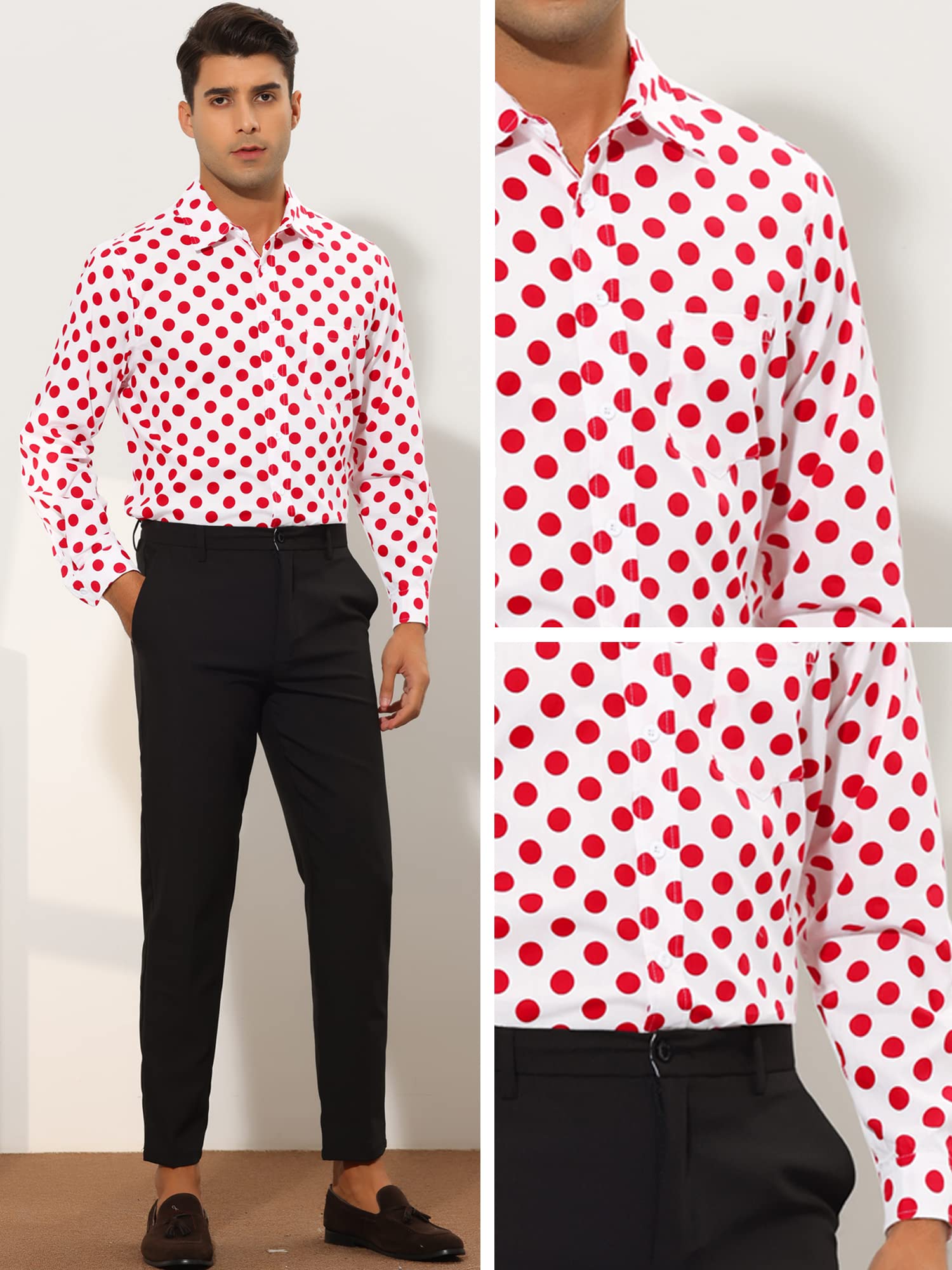 Lars Amadeus Camisa de vestir con estampado de lunares para hombre, con botones, manga larga, estilo casual