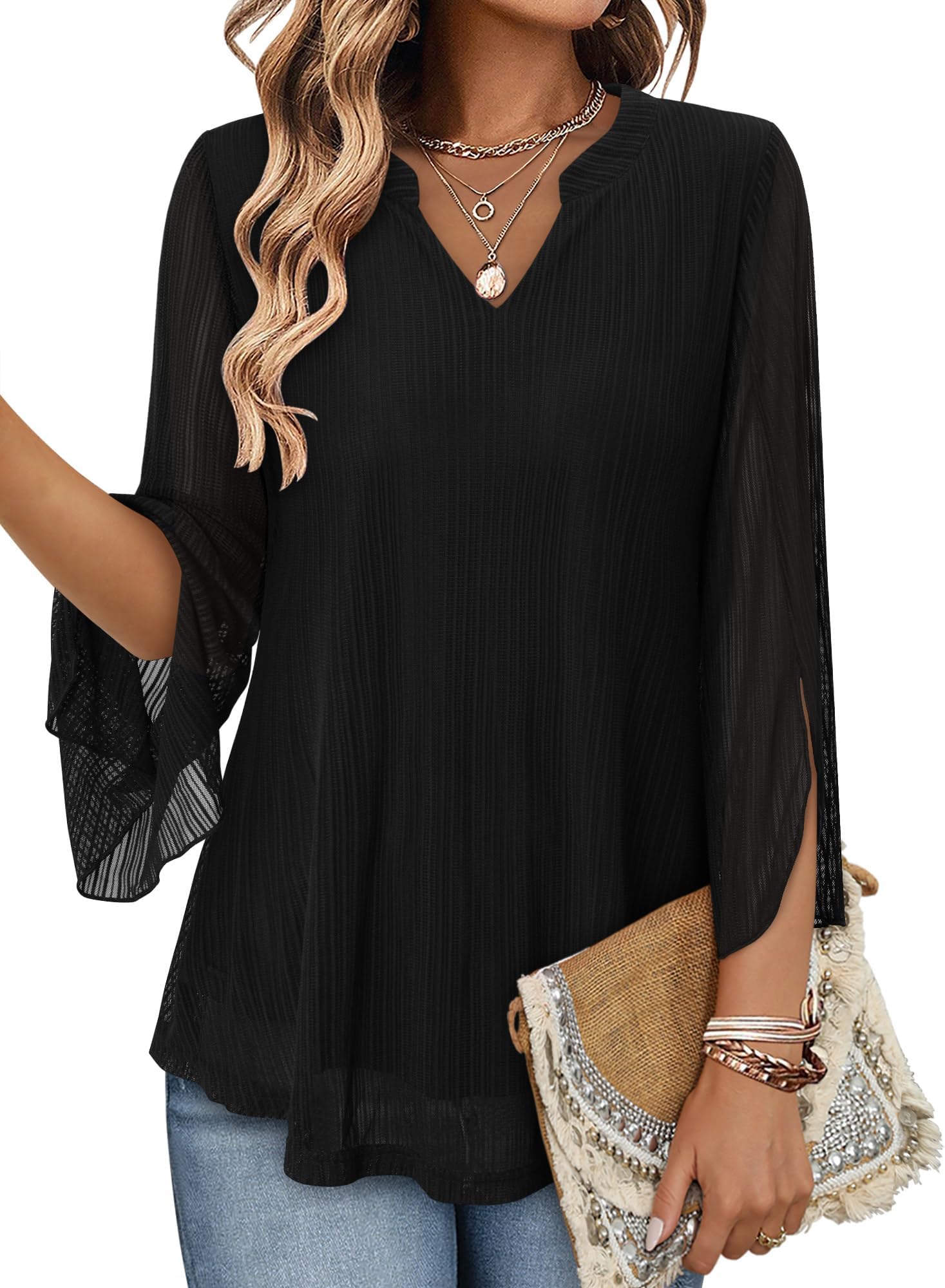 Women's Ruffle 3/4 Sleeve Tunic Tops V Neck Loose Flowy Chiffon Blouses Double Layers Mesh Shirts