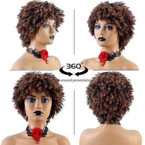 Miniatura 2 de Siyi peluca corta Afro rizada para mujeres negras sintético negro resistente al calor pelucas con volumen, promedio, Marrón