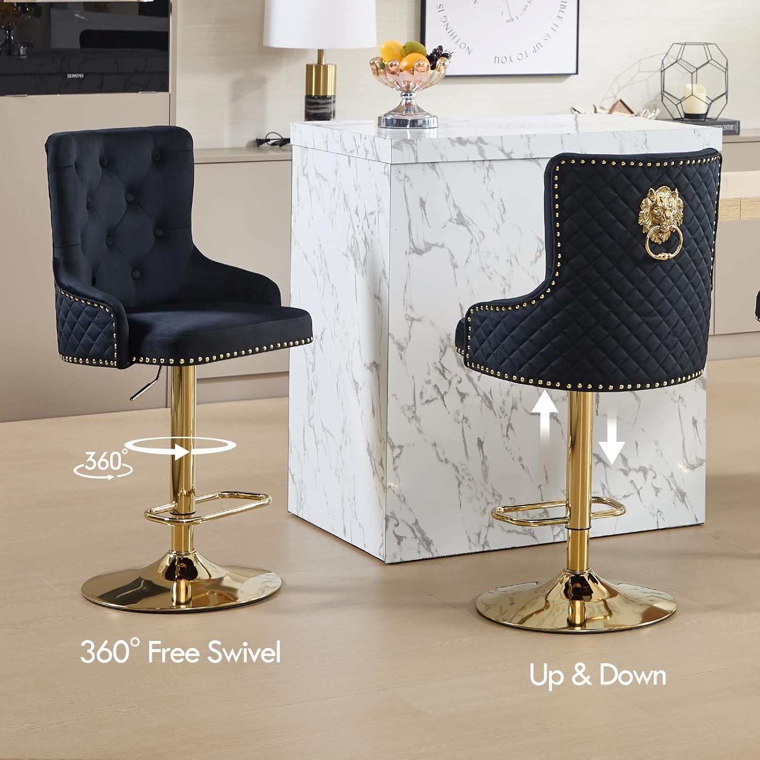 Gold Barstools Set of 6,Velvet Swivel Bar Height Stools with Lion Pull Ring,Upholstered Counter Height Stools with High Tufted Back,Modern Adjustable Bar Chairs for Kitchen Island/Cafe, Black