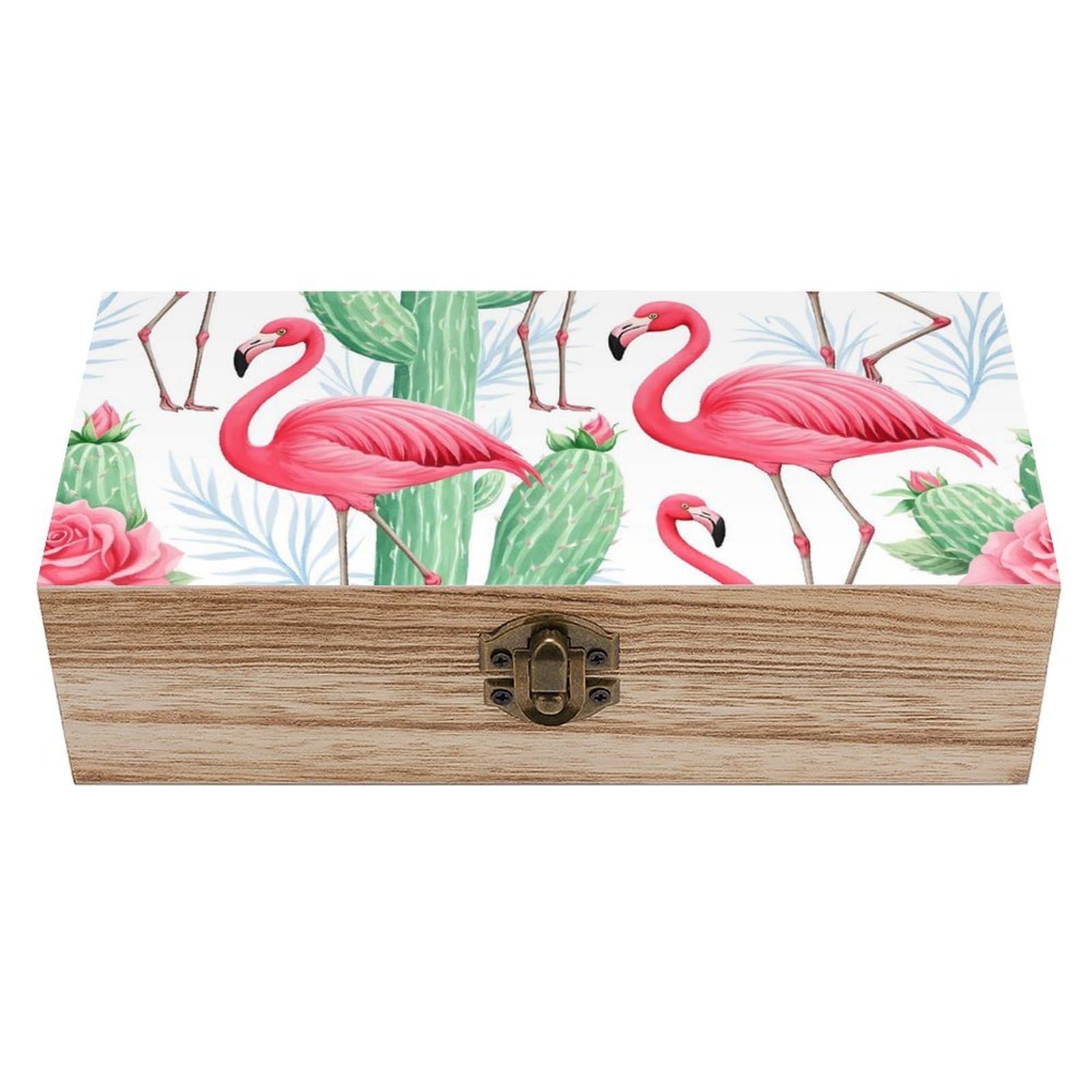 SMAZDFXX Pink Rose Cactus Flamingo Wooden Storage Box With Hinged Lid Decorative Front Clasp Keepsake Boxes