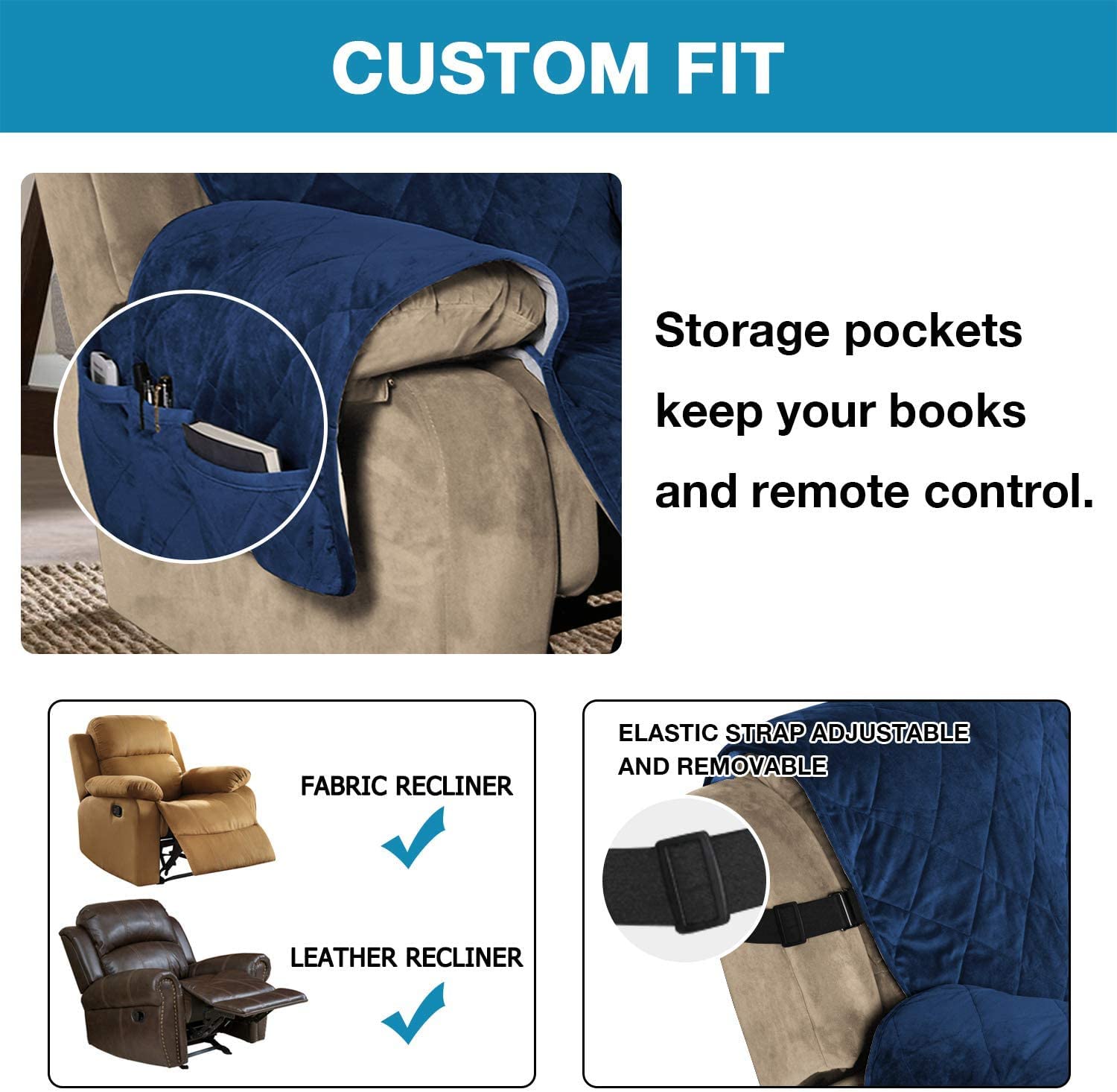 Funda para Silla Relax Reversible Funda para Silla Reclinable De Terciopelo Funda para Sofá Reclinable con Respaldo Antideslizante Y Correa Elástica Más Ancha (Armada,1 Plazas 71 cm)