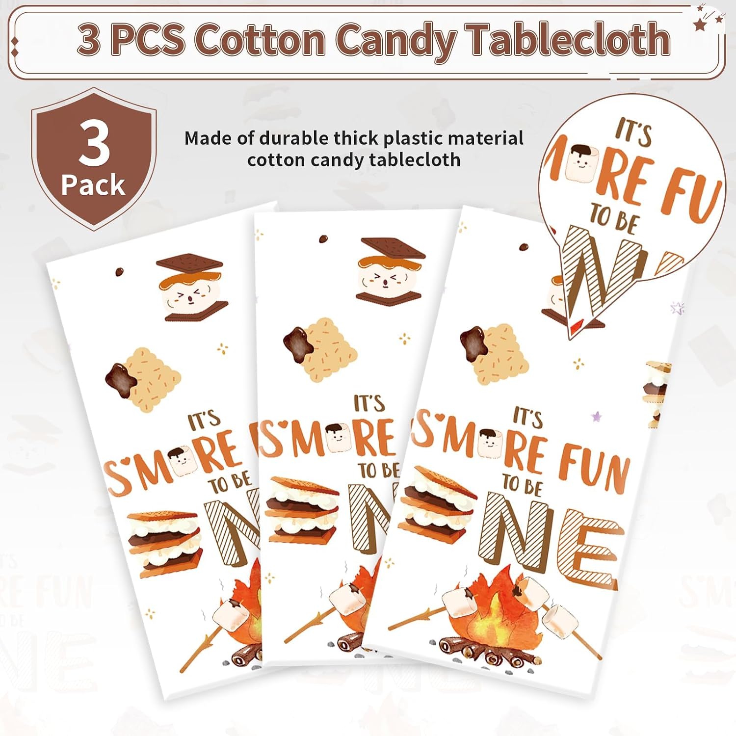 3Pcs S'More 1st Birthday Plastic Tablecloth It's S'More Fun to Be One Table Cover Waterproof Smores Camping First Birthday Table Cloth for 1st Party Baby Shower Decorations 54 x 108 Inch