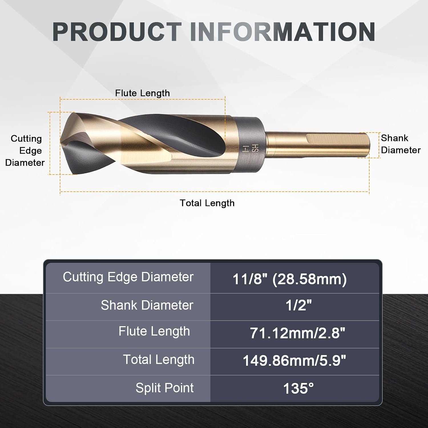 uxcell 1-1/8" Drill Bit 1/2" Reduced Shank 3-Flat M35 5% Cobalt High-Speed Steel Twist Black and Gold Finish 135° Bits for Hard Metal Stainless Steel, 1pcs