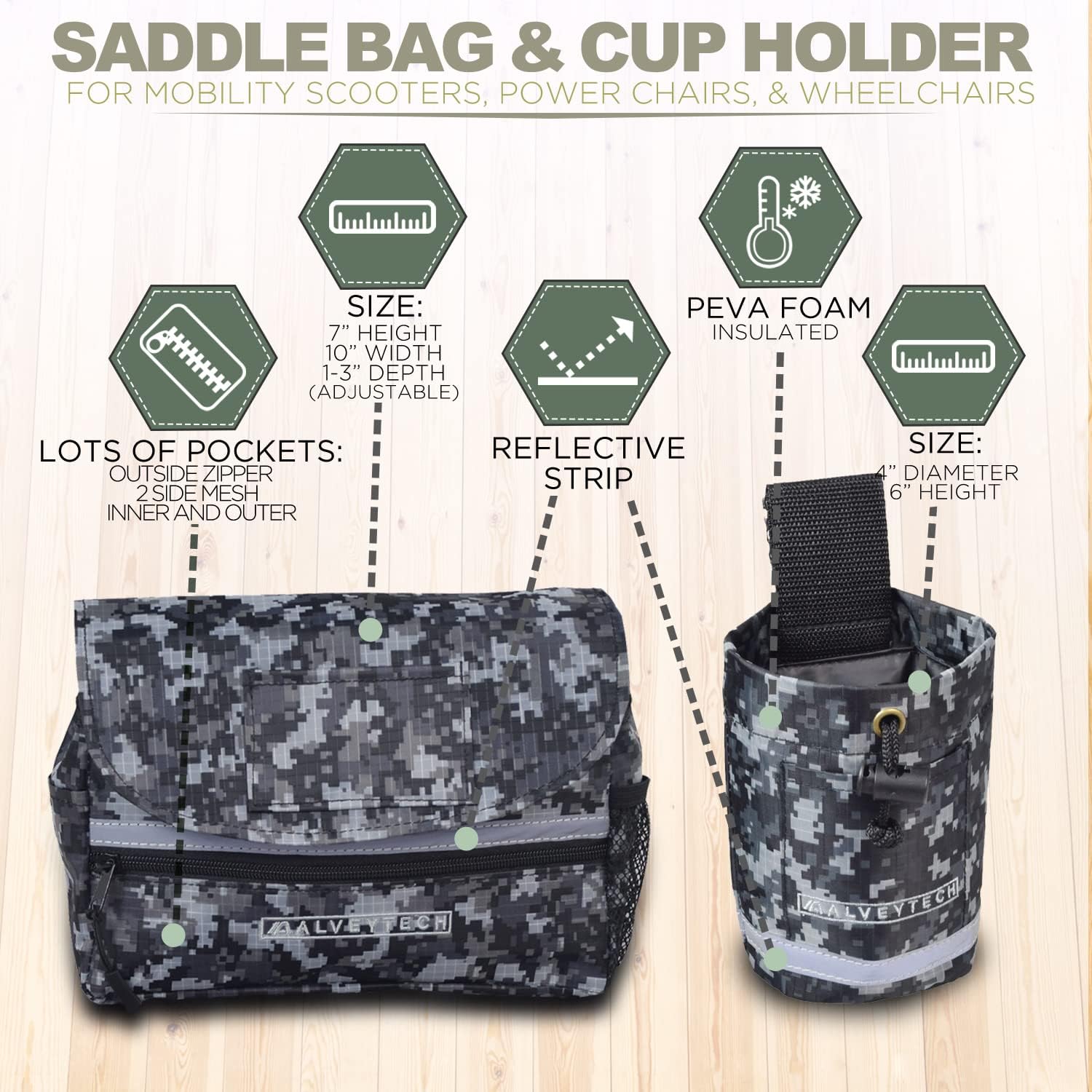 AlveyTech Saddle Bag & Cup Holder Combination for Mobility Scooters, Power Chairs, & Wheelchairs (Camo/Camo)