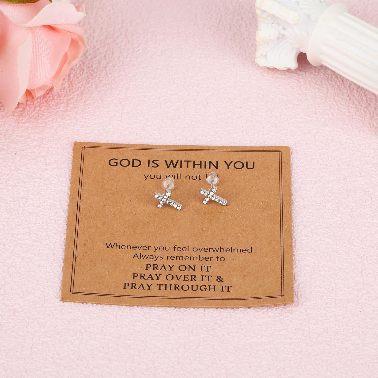 Cross Earrings, Cross Stud Earrings for Women with Customized Card Christian Religion Ear Small Stud Gift Stylish Silver Jewelry for Birthday Christmas - Image 3