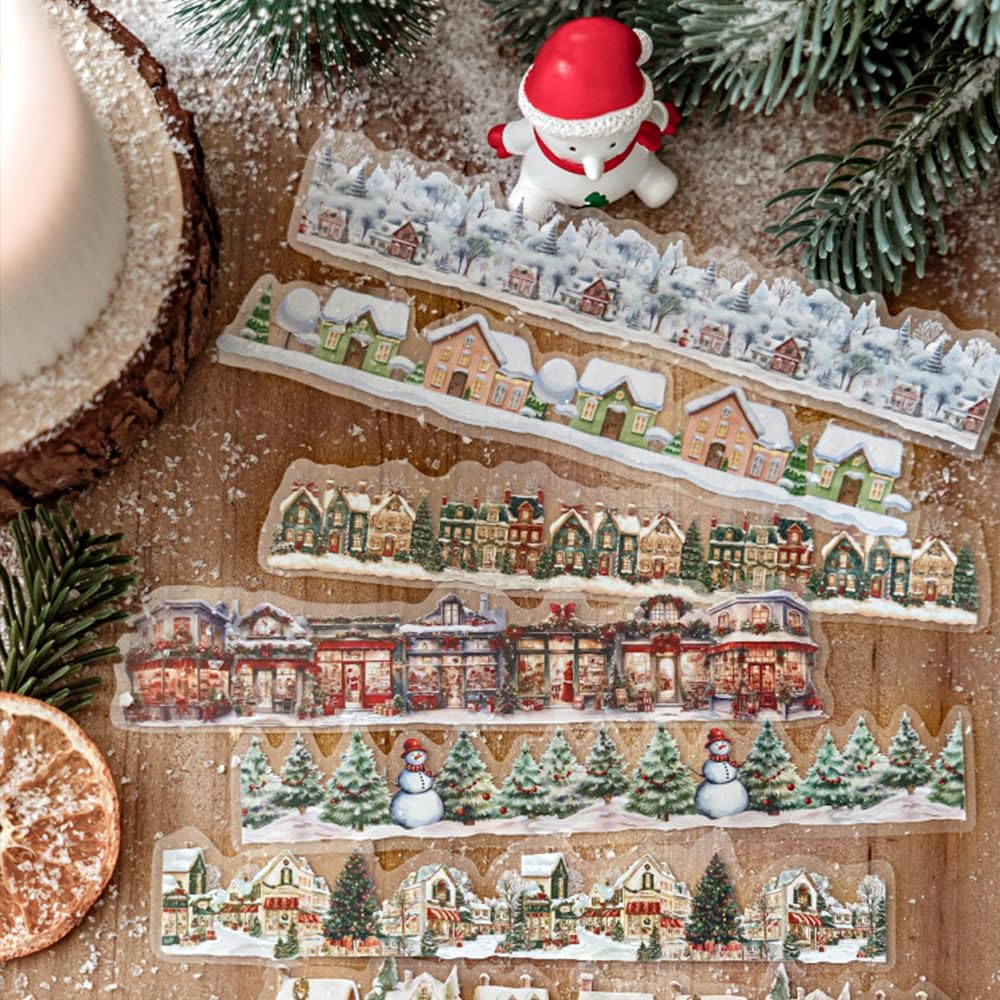 PET Long Strip Christmas Stickers Winter Holiday Xams Junk Journal Scrapbook Stickers Christmas Decorations Landscape Border Backdrop Collage Decorative Stickers for Journaling Scrapbooking Supplies
