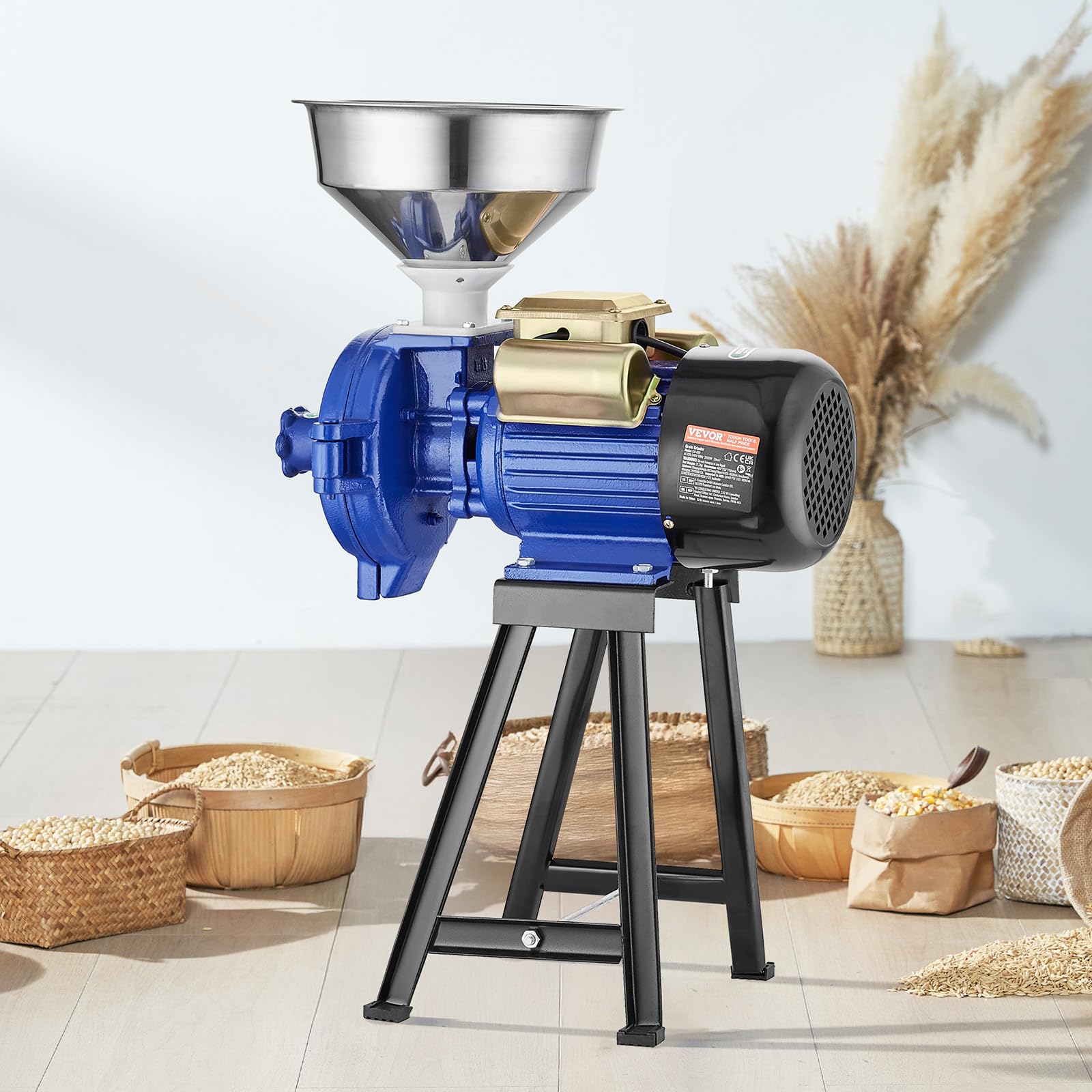 VEVOR Molinillo de Grano Eléctrico 3000 W Molinillo de Especias Comercial Molino de Harina de Trigo Seco Espesor Ajustable con Embudo para Moler Cereales Especias Hierbas Pimientos Maíz