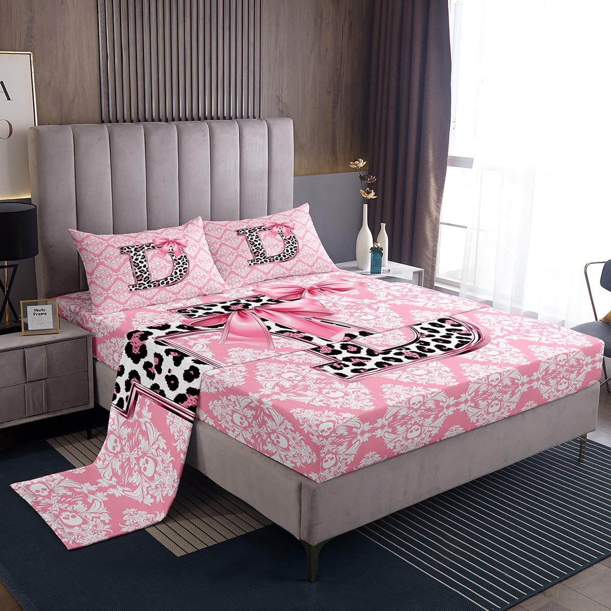 Homewish Juego de sábanas con letra inicial con estampado de leopardo, doble decoración antigua, calavera, damasco, gótico, ropa de cama personalizada con letra D, lazo rosa, juego de sábanas florales