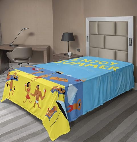 Ambesonne Hello Summer Flat Sheet, People Having Fun at a Tropical Beach Relaxing Summer Vacation Cartoon Style, Soft Comfortable Top Sheet