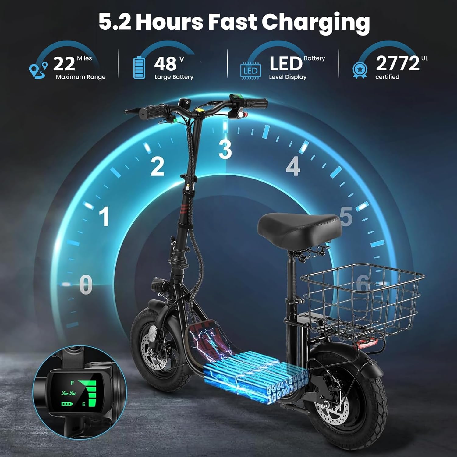 Image illustrating the Caroma Peak Electric Scooter's charging process, showing the battery indicator and charging time.