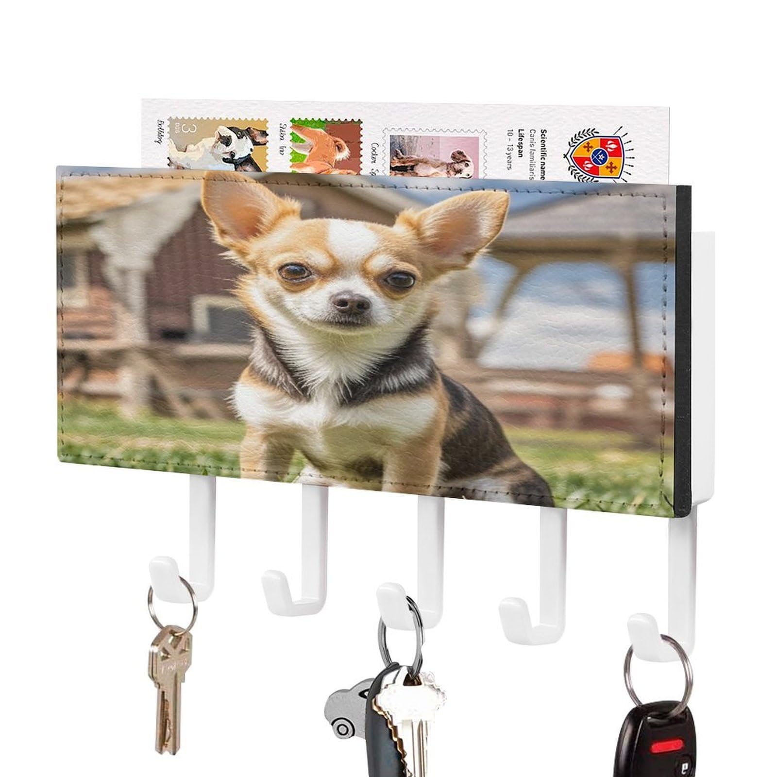 Fekiloot White-Style Farm Cute Chihuahua Key Holder Wall Mount Key And Mail Holder Key Hanger With 5 Hooks Decorative Pu Key Rack Hanging Key Hooks For Wall Living Room Kitchen Bathroom Hallway