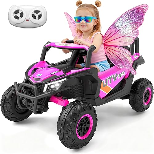 12V Ride on Car Truck, Power Wheels with Parent Remote Control, Shock Absorbers, Bluetooth, Music, Led Lights, Ride on Toy for Kids Ages 3-8, Pink UTV for Girls