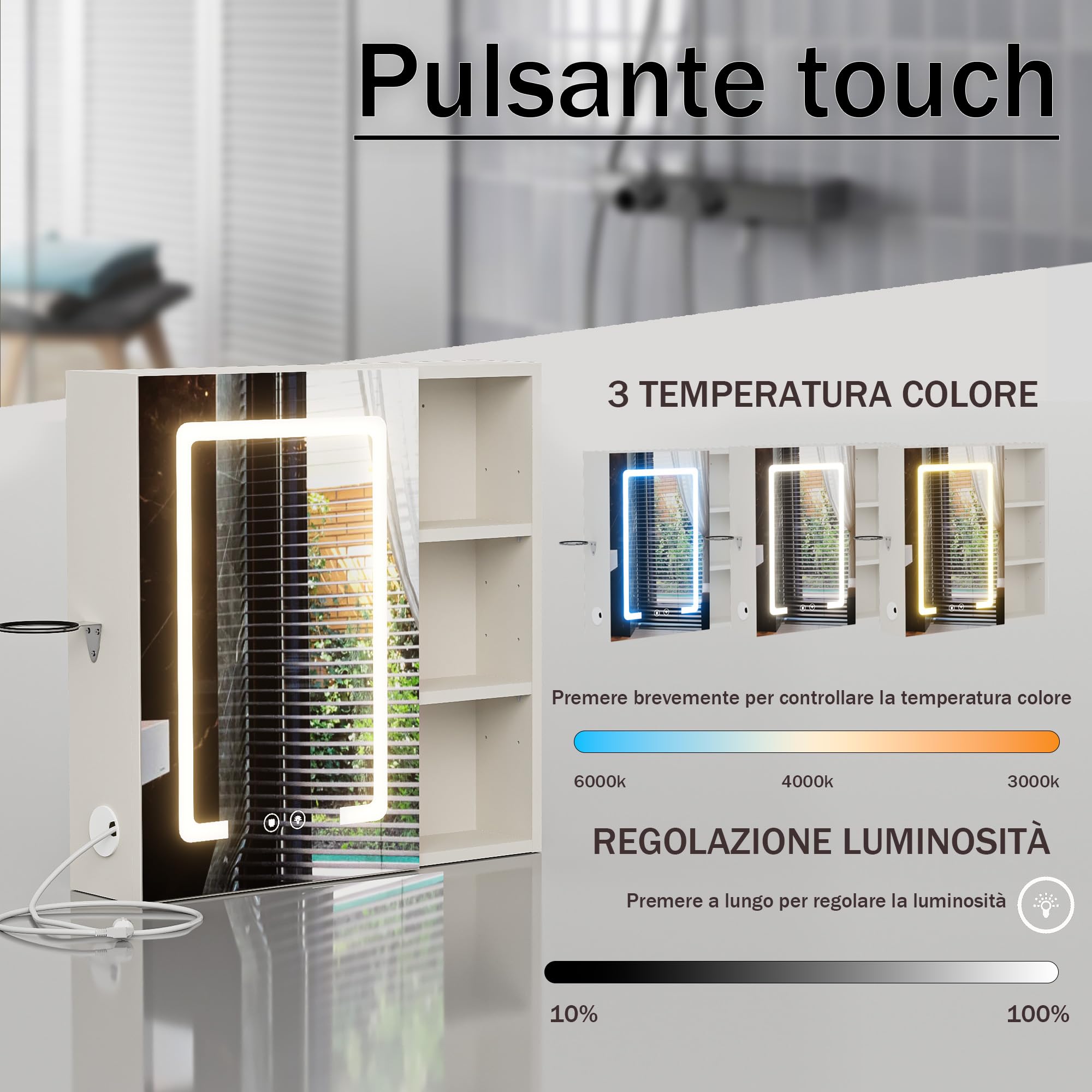 Specchio Bagno Contenitore con illuminazione e Antiappannamento Armadietto Bagno a Parete con 3 Mensola Regolabile e Porta asciugacapelli Luce a 3 colori Specchio Contenitore 60x60x15 cm Bianco