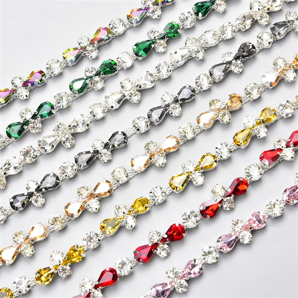 Frędzle z kryształkami, Naszywana frędzlowa lamówka ze szkła Rhinestone o średnicy 10 mm, z płaskim tyłem, wielokolorowa, 1 jard(Red)
