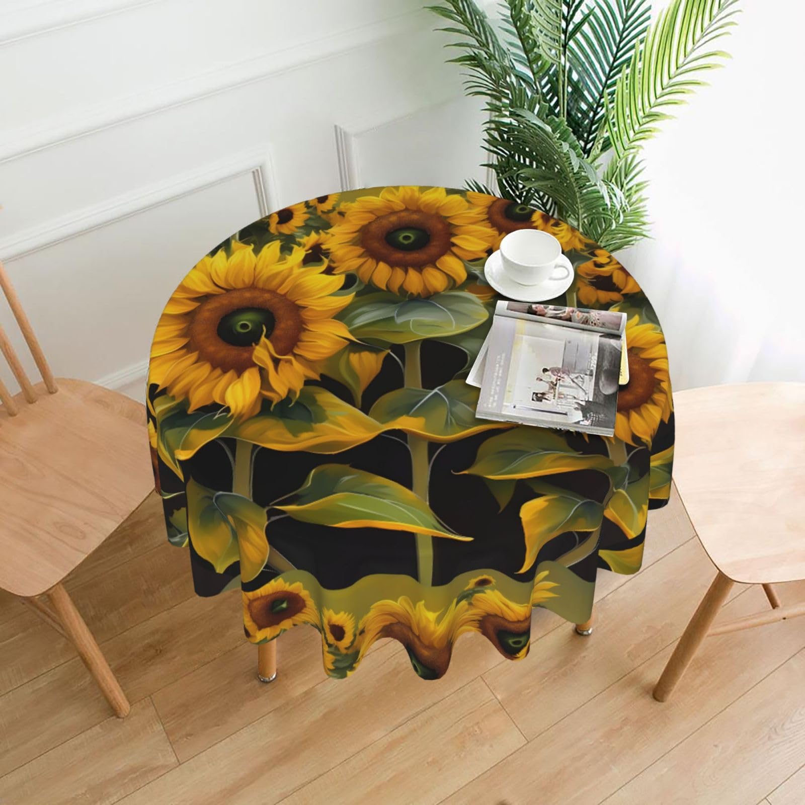 Nbtghga Sunflowers Print Tablecloth Round Border Table Cloth Cover Decorative For Party Holiday Dinning Tabletop Home