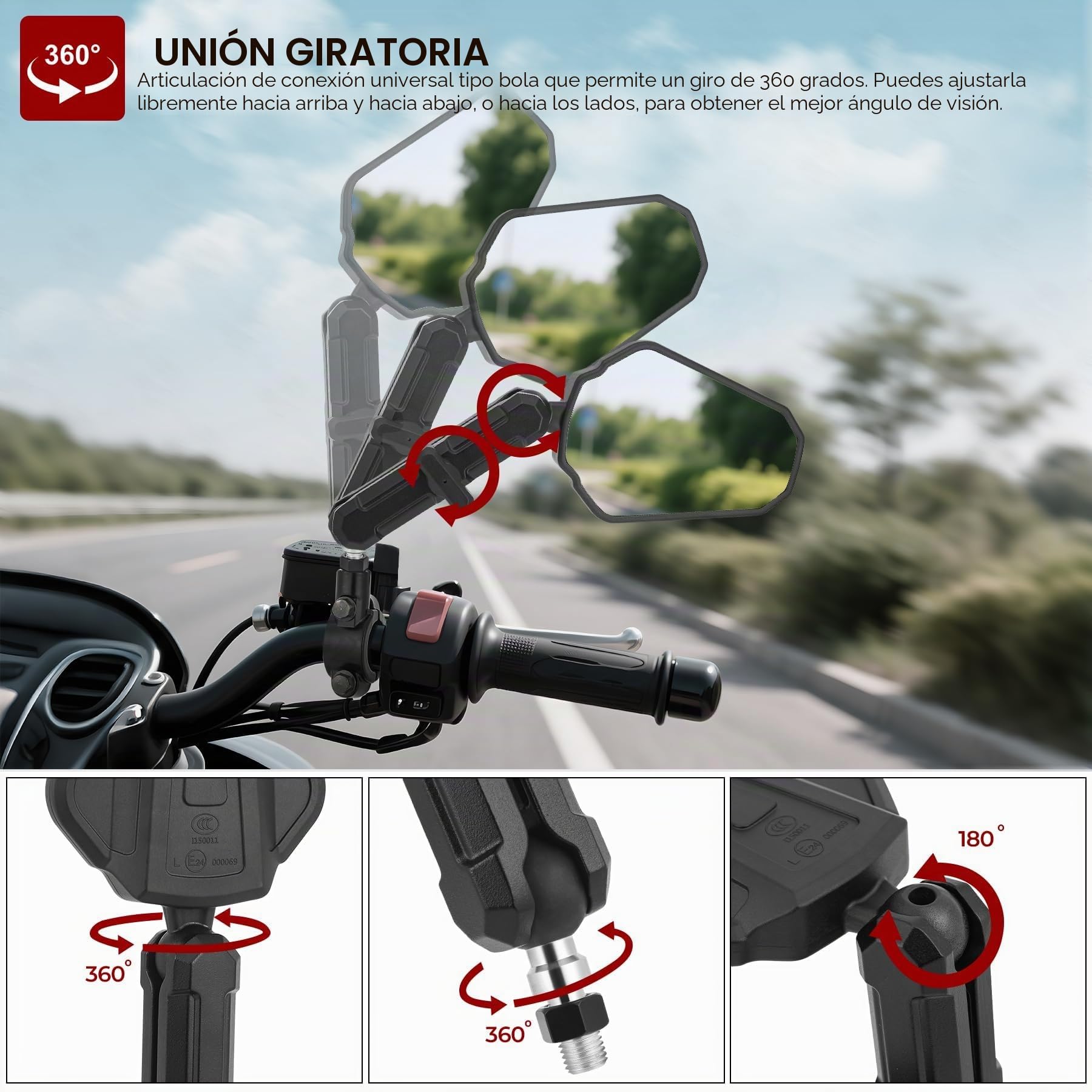 Heart Horse E24 Espejos Retrovisores Moto Homologados, Universal Espejo Retrovisores Moto con Tornillos de 8 mm y 10 mm, Plegable Espejo Moto Lateral para ATV Scooters Aventure Street Bike