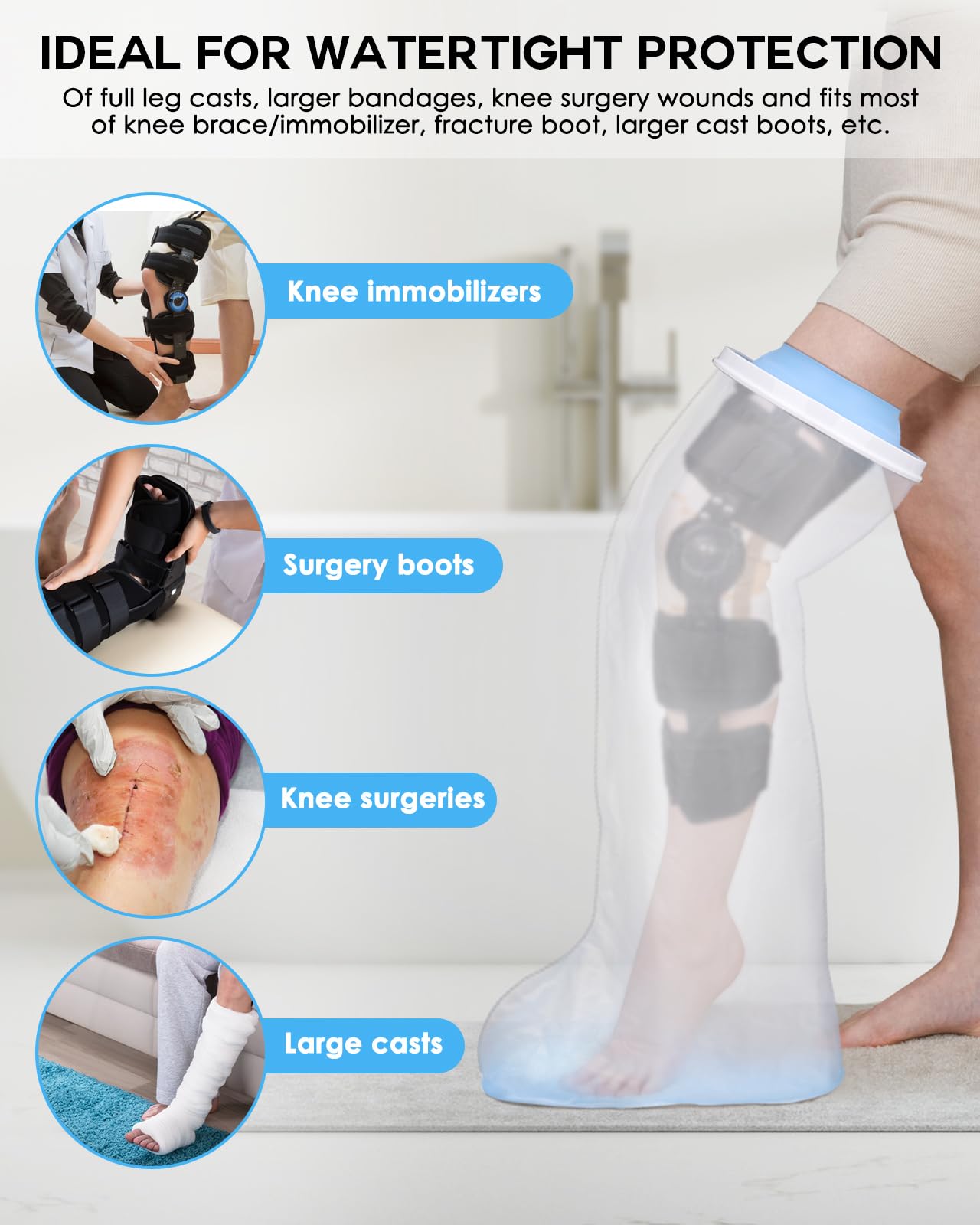 Funda impermeable extra ancha de pierna completa para ducha con parte inferior antideslizante, protector impermeable extra grande para piernas para heridas de cirugía de muslo, pie, tobillo,