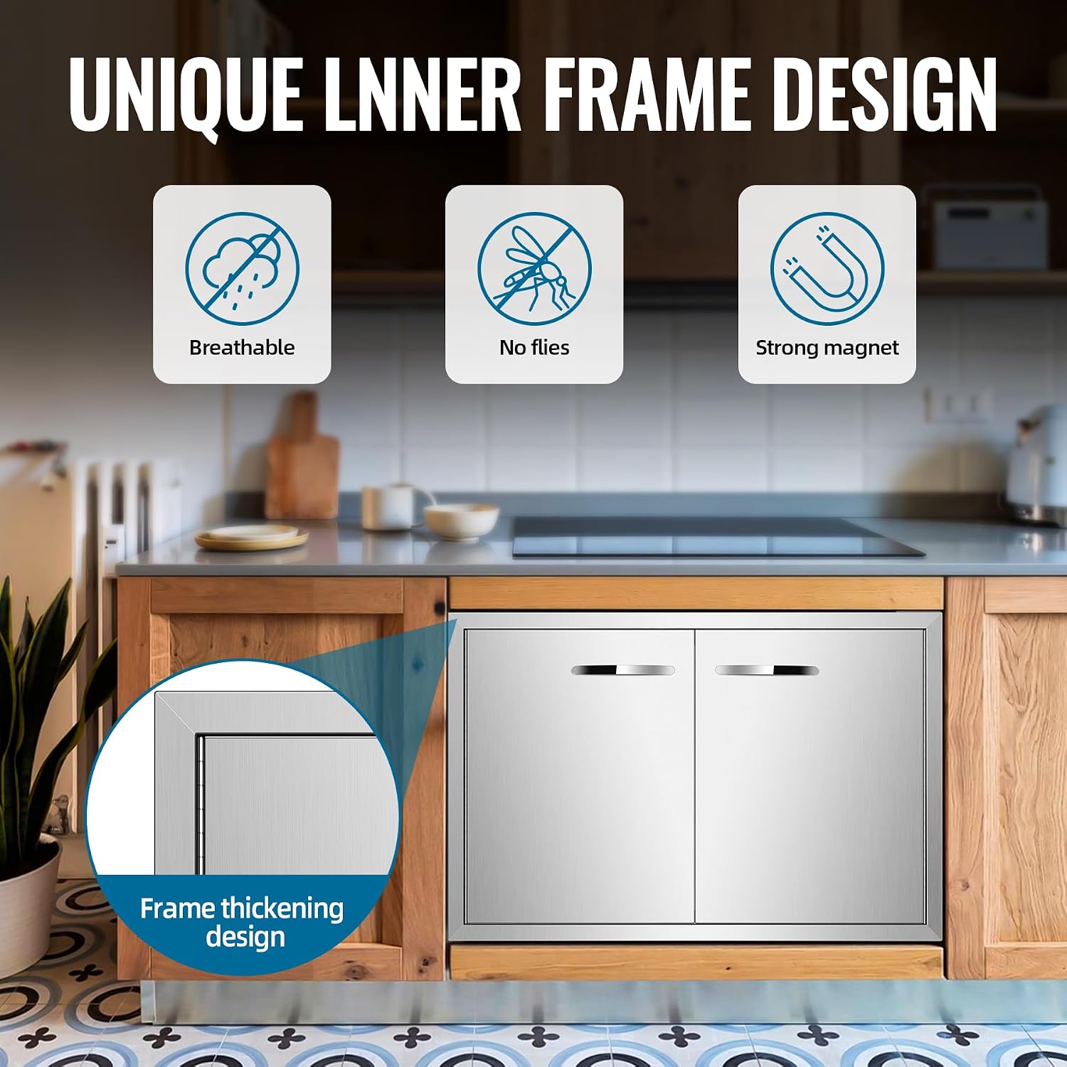 BBQ Access Door 33" W x 22" H Stainless Steel Outdoor Kitchen Doors, Weatherproof, Double Flush Mount Door with Handles for Outside Cabinets, BBQ Island, Grilling Station