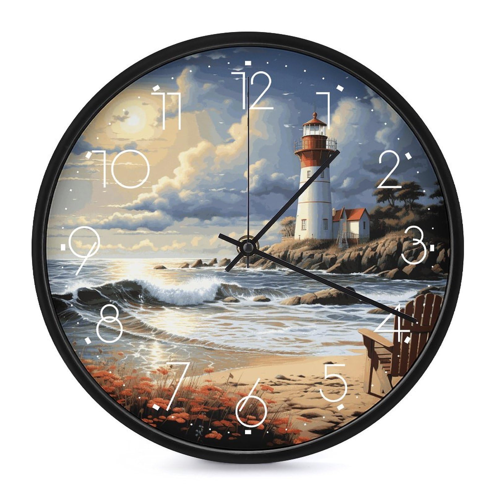 Adfgyerh White-Style Sea Lighthouse Sandbeach Clock，9.8 Inch Battery Operated Wall Clock Classic Simple, Decorative Wall Clock.analog Clock For Kitchen Office Bathroom Bedroom.