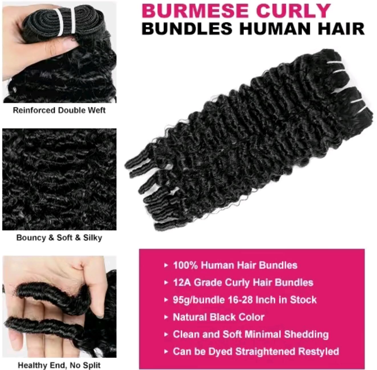 Burmese Curly Bundles Human Hair Unprocessed 100% Real Human Hair Burmese Bundles Water Wave Bundle For Quick Weave Double Weft Natural Black Color 22 24 26 Inch